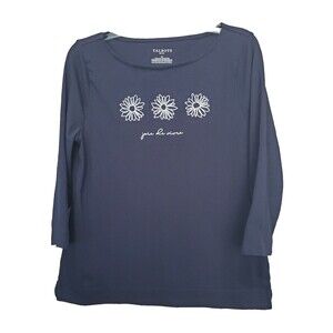 Talbots Petite Cotton Navy "Joie De Vivre" Floral Embroidered Boat Neck Top LP